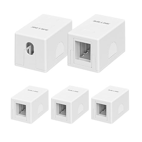iwillink 1-Port RJ45 Keystone Surface Mount Outlet Box, White, 5-Pack | Blank Network Wall Box, Cat6/Cat5e/Cat5 RJ45, HDMI & Coax Snap-in Keystone Jacks, Screw or Tape Mount, Cable Tie Included