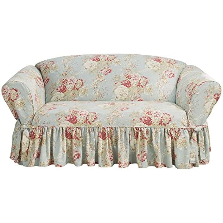 Waverly Ballad Bouquet Ruffled Loveseat Slipcover, Loveseat Cover with Cotton Floral One Piece Design and Ruffled Skirt, Machine Washable Loveseat Cover, Robins Egg