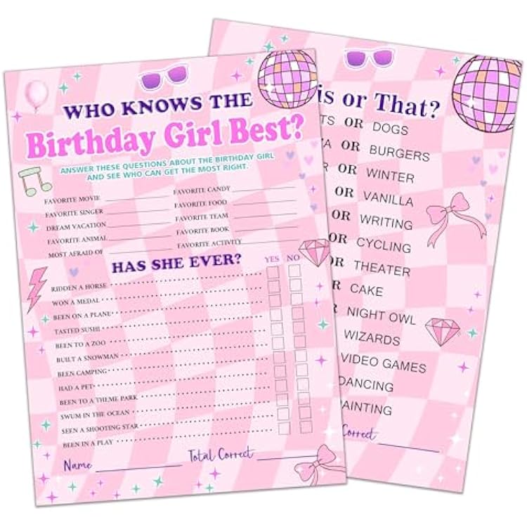 Pink Birthday Game Card, 25Pcs Disco Party Cards, Who Knows The Birthday Best, Entertainment Creative Games for Friends Classmates, Double-Sided, Party Supplies and Decorations-A08
