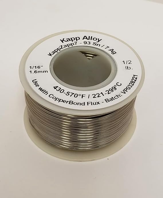 KappZapp7 7% Silver Solid core 1/16" (1.6mm) Solder for Copper, Brass, Stainless Steel 12 lb Spool