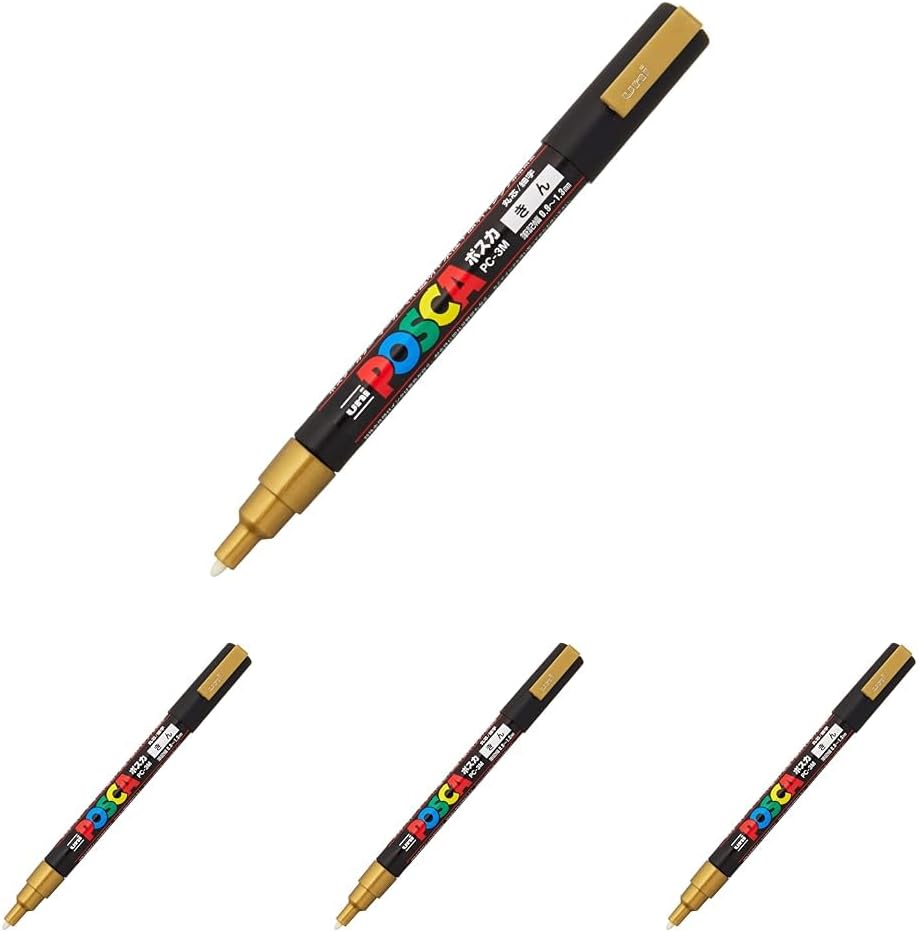 Mitsubishi Pencil PC3M.25 Rollerball Pen, Posca, Fine Point, Round Point, Gold x4