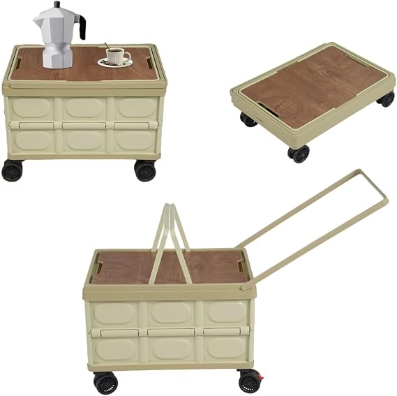Foldable Cart, Rolling Storage Crate with Lid Wheels, 55L Large Capacity Collapsible Rolling Cart, Portable Rolling Crate Handcart, Plastic Storage Box for Grocery Hauling Camping Picnicking (Green)