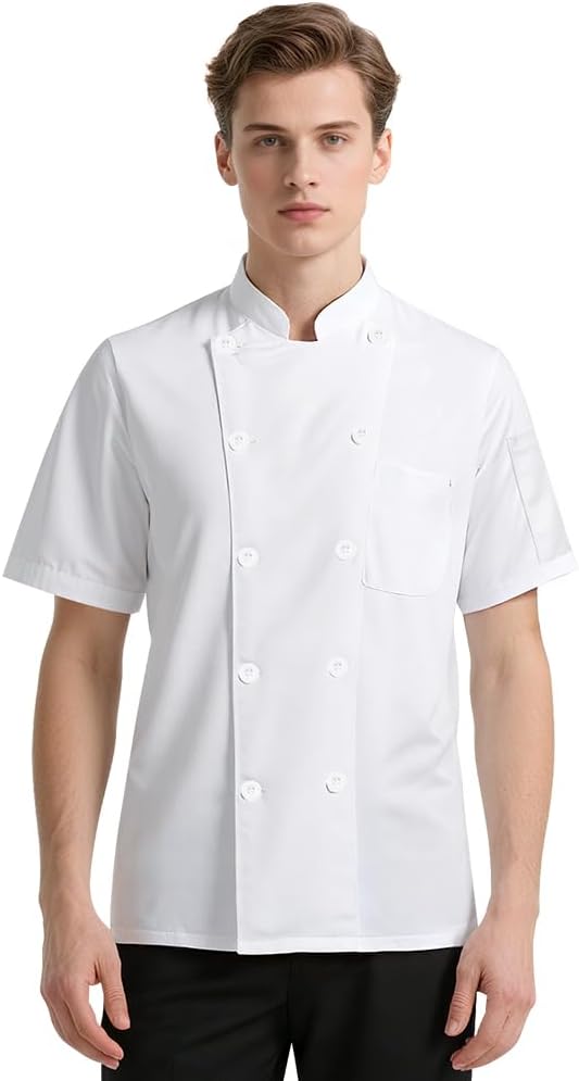 DiULi Chef Jacket, Unisex Chef's Short Sleeve Jacket Professional Lightweight Chef Jackets Protective Safety Short Sleeve Coat Modern Chesfswear