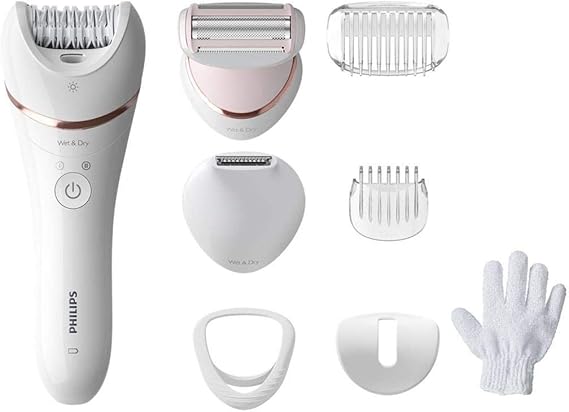 Philips Hair Removal Device, Wet and Dry Wireless Use, LED Light, Extra Wide Head, Precision Zone and Trimming Head, Bikini Comb, 7 Accessories Included, White Color, BRE720/05
