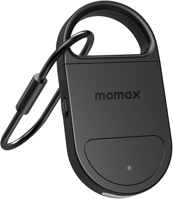 Momax Key Finder Tracker Tag Smart Personal Alarm Rechargeable Tracking Device with SOS Alert & LED Strobe, Find My (iOS Only), Anti-Lost Tags with Keychain, Travel Gadget for Women, Girls, Black