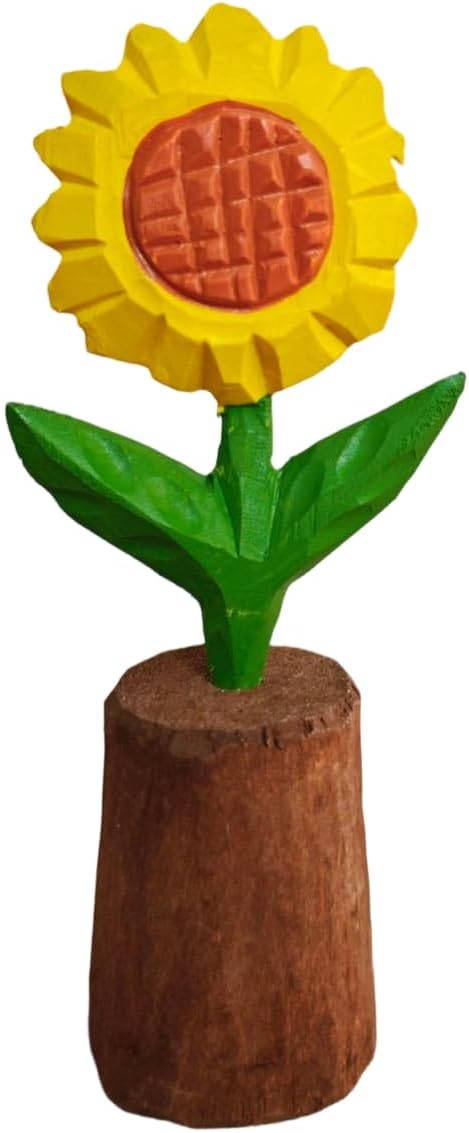 Handmade Wooden Flower Figurines Set, Sculptures for Rustic Home Decor, 4.72inch/12cm Height (Sunflower,1 Pack)