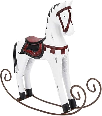 Wooden Rocking Horse Statue, European Style Vintage Vivid Wooden Painted Rocking Horse Desk Decor,Small Size Carved Painted Rocking Horse Toy for Living Room Office Cafe Bar DecorWhite
