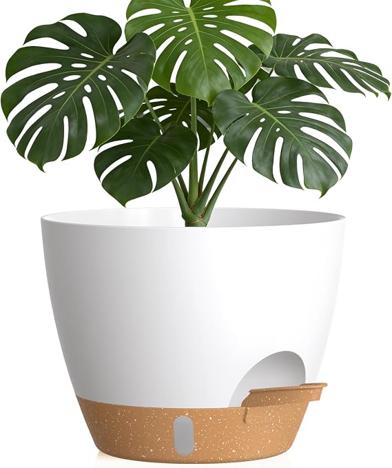 Plant Pots, 1 Pack 12 Inch Self Watering Pots with Drainage Holes, Water Level Indicator Deep Reservoir, Large Planters for Indoor Outdoor Plants - White Brown