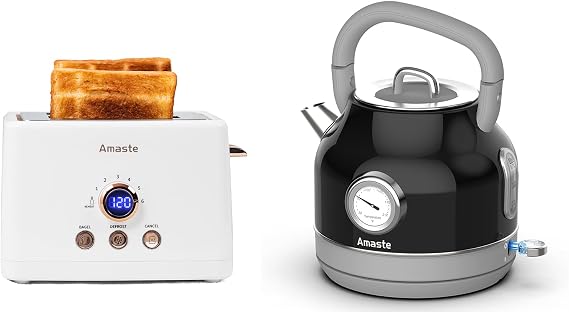 Amaste White Toaster & Black Retro Electric Kettle Set