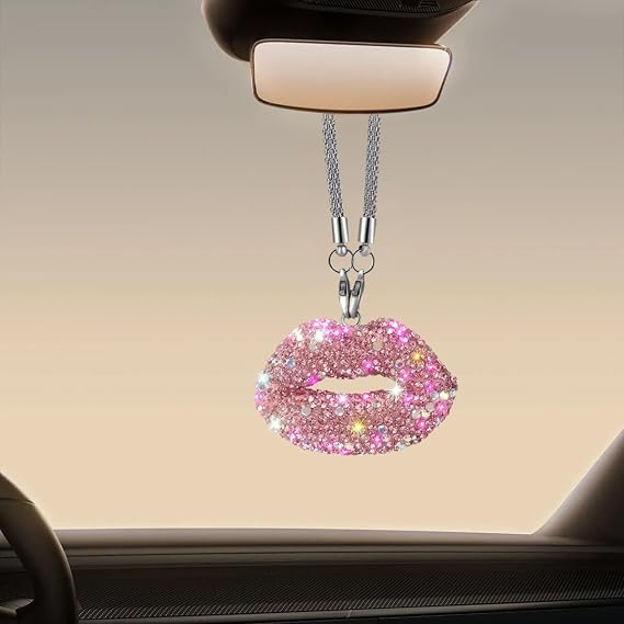 Bling Lip Diamond Car Hanging Accessories for Women, Crystal Rhinestone Car Rear View Mirror Charm, Lucky Vehicle Decor Pendant Auto Interior Ornament Accessories, Valentine's Day Present (Pink)