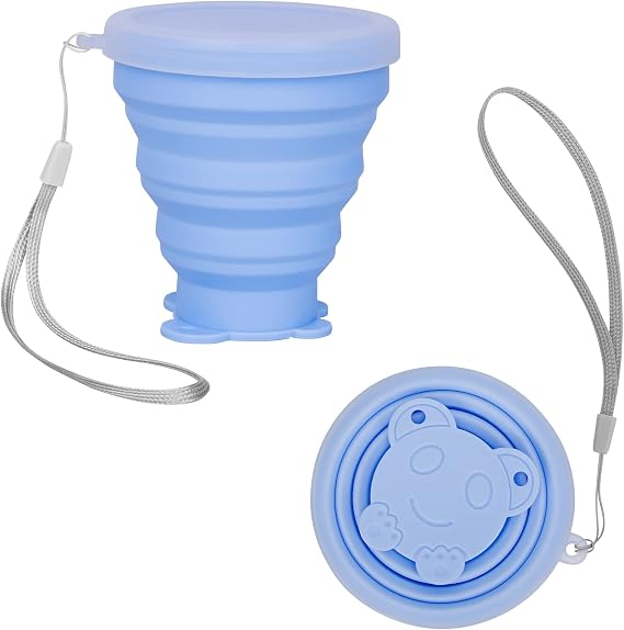 Reusable Foldable Silicone Water Cup with Lid, Portable Collapsible Travel Cup with Rope, Pocket Size Extensible Drinking Cup for Camping, Travel, Picnic (Blue)