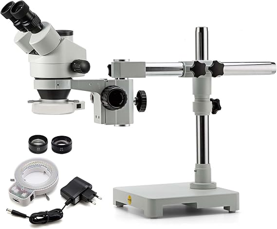 SWIFT S7 3.5X-90X Professional Simul-Focal Trinocular Stereo Zoom Microscope with WH10x Eyepieces, 0.7X-4.5X Objective,144 LED Ring Light, Single Arm Boom Stand, Includes 0.5X and 2.0X Barlow Lens