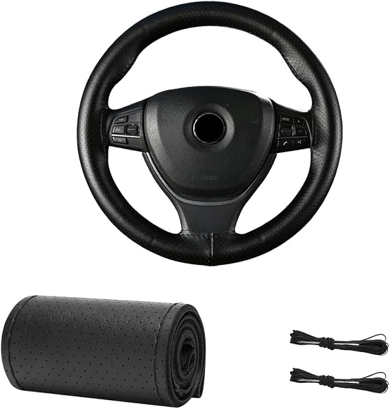Genuine Leather Steering Wheel Cover, 15 Inch Breathable DIY Sewing Wheel Protector with Needle Thread, Stitch on Wrap Wheel Cover with Anti-Slip Design (Black, Full Hole)