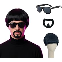 3 Pcs Ibiza Final Boss Costume Accessory Set Bowl Cut Wig Men Wig Black Short Sunglasses 70s 80s Fancy Dress Mens for Carnival Music Festival Party (3 Pcs)