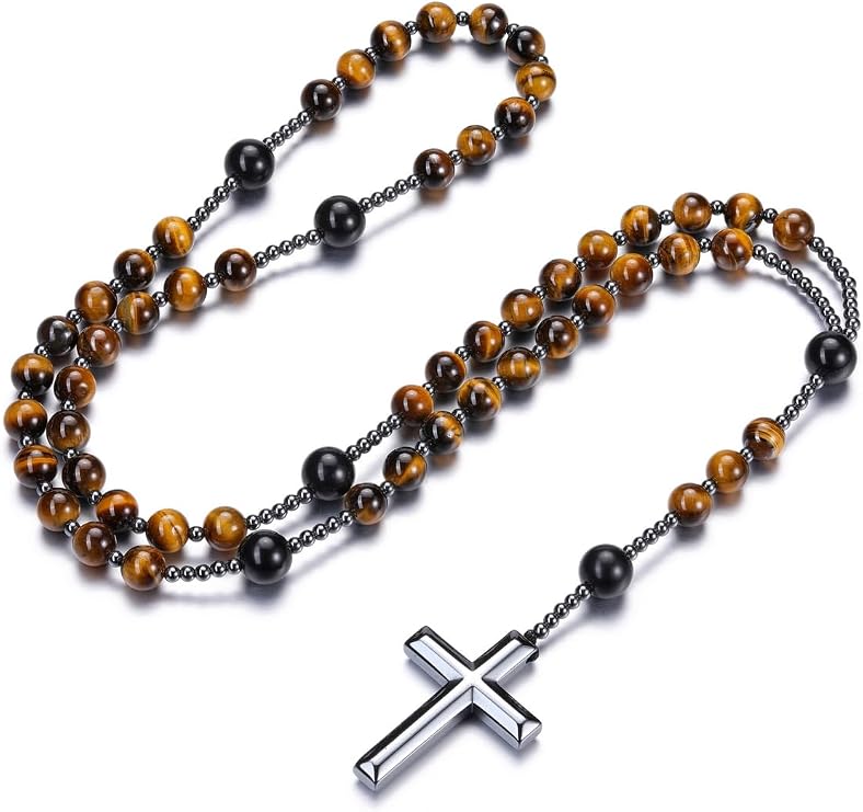 Catholic Rosary Cross Chain Men Women Necklace with Hematite Cross Pendant Gemstone Crystal Jewellery Christian Religious Prayer Communion Christening Gifts for Men Women
