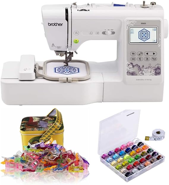 Brother SE600 Sewing and Embroidery Machine Bundle with Sewing Clips and 36-Piece Bobbins and Sewing Threads Set (3 Items)