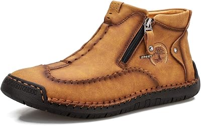 Dacomfy Mens Ankle Boots Side Zipper, Hand Stitching Leather Casual Slip On Shoes for Men, Driving Loafer Soft Breathable Outdoor Working Shoes Brown 10US