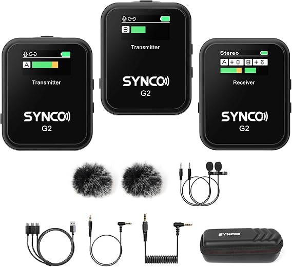 SYNCO G2(A2) Wireless Lavalier Microphone with 48KHz 24Bit Noise Reduction 656FT Range Camera Microphone for DSLR/iPhone/Android/Laptop, Lapel Mic for Vlogging Streaming YouTube | 48kHz/24-bit audio vlogging, noise reduction, 656ft stable wireless range, plug-and-play for cameras, phones and laptops