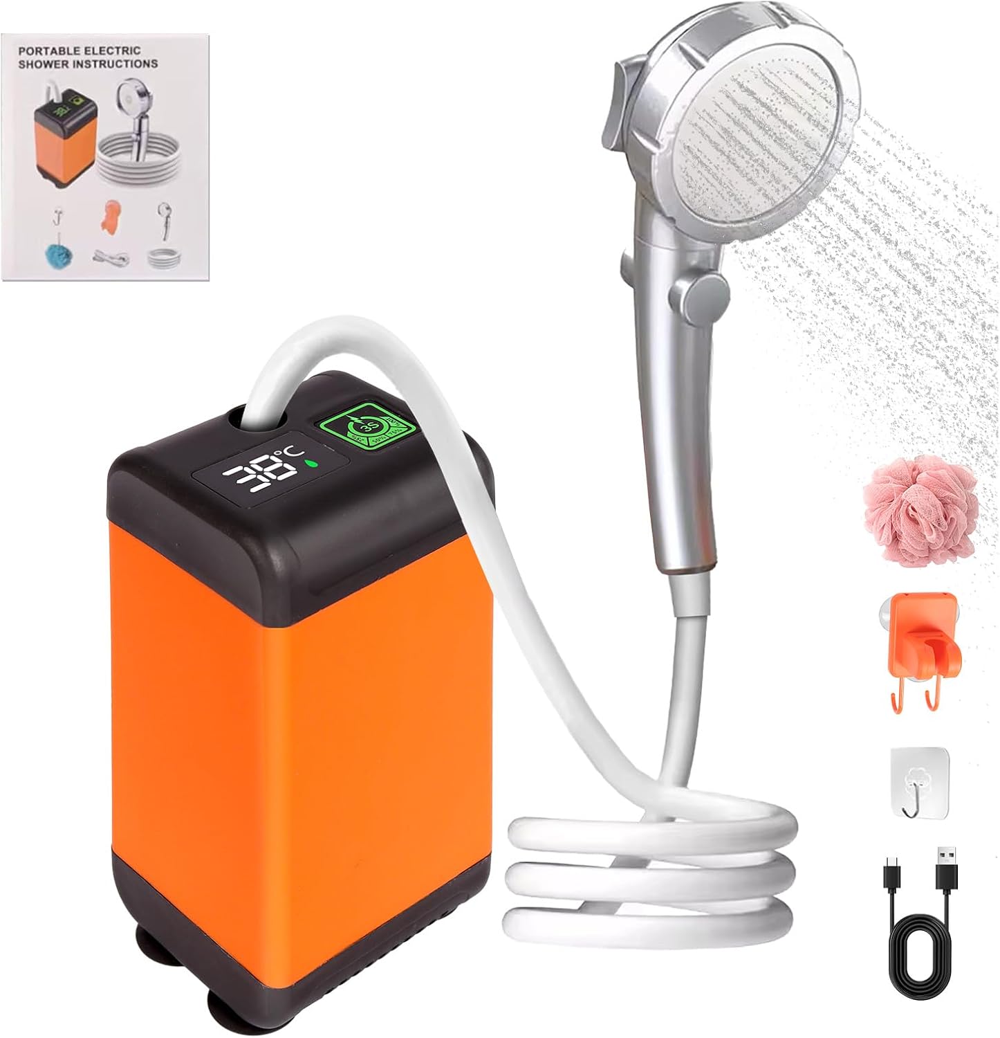 Portable Shower for Camping - 6000mAh Rechargeable Camp Shower Pump with LED Display of Temperature, 3 Speed | 4 Spray Modes | Lasting-150 Mins | IPX8 Waterproof, For Outdoor Travel, Beach, Car, Pet