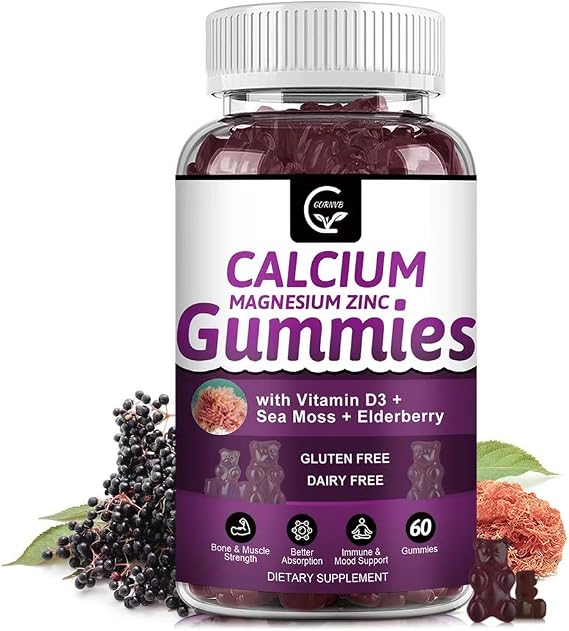 Calcium Magnesium Zinc Gummies with High Absorption Magnesium Glycinate 300mg, Potassium - Plant Complex Calcium Magnesium 2:1 Ratio, with D3 Sea Moss for Bone, Immune & Sleep Support, Vegan-1 Pack