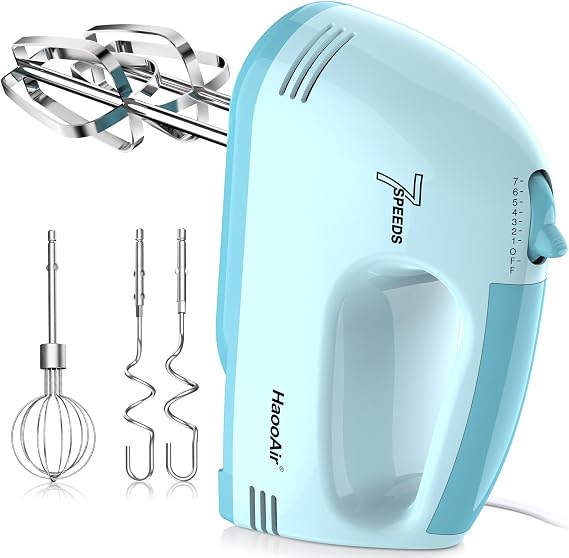 Hand Mixer, Small 7-Speed Mixer, Dishwasher-Safe 304 Accessories (1 Whisk, 2 Dough Hooks, 2 Beaters), Mixes various ingredients, for both beginners and bakers (Blue)