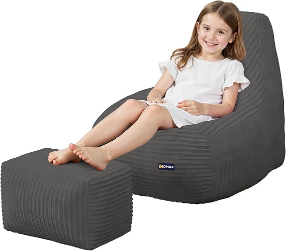 COMAX Kids Bean Bag Chair, Toddler Beanbag Chairs for Kids with Ottoman for Boys and Girls, Corduroy Couch Lounge with Filler Included, Floor Children Sofa Comfy for Reading and Classroom, Grey