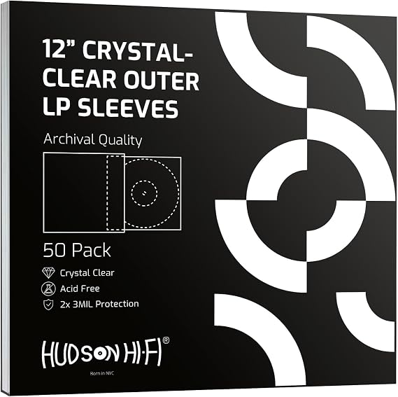 Hudson Hi-Fi Anti-Static Vinyl Record Sleeves - Durable Clear Disc Sleeves- Protect Your LP Albums from Scratches, Dust & Dirt - Acid-Free Rice Paper Disc Covers, 50x Outer Sleeves