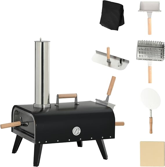 Outsunny Outdoor Pizza Oven with 12" Stone, Portable Pellet Wood Fired | Peel and Cover, Pizza Maker Grill, Foldable Legs, Stainless Steel, Outside, Backyard, Outdoor Kitchen
