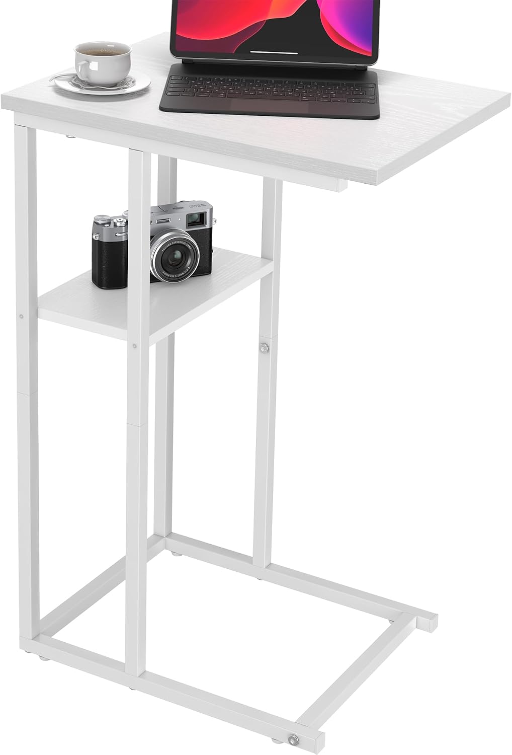 Yusong C Shaped End Table, Side Tables Slide Under Sofa Couch Bed, Small TV Tray Bedside Table for Small Spaces, Living Room, Bedroom, White