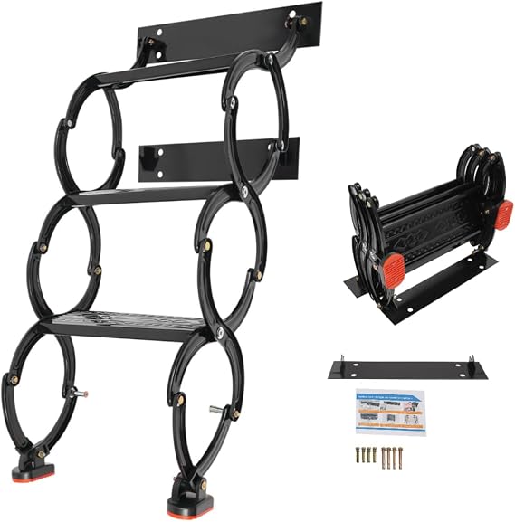 Wall Mounted Folding Ladder Pull Down System Telescoping Step Ladder with Handrails Metal Retractable Ladder, 29.52in Vertical Height (Black, 3 Step)