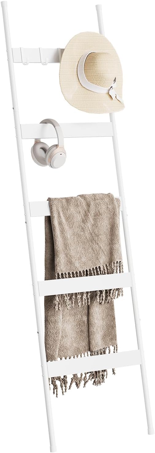 ELYKEN Blanket Ladder, 5-Tier Towel Rack, Wall-Leaning Quilt Holder