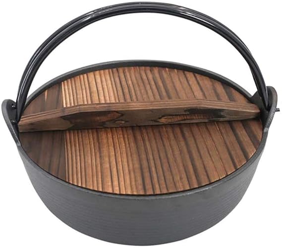 Cast Iron Pan, Japanese Cast Iron Thicken Sukiyaki Pot with Wood Non-Stick Pan, Japanese Hot Pot, Multi-Purpose Cast Iron Stockpot Stove Uncoated-19cm