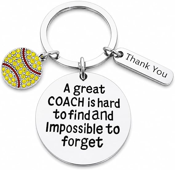 Softball Coach Keychain Thank You Gift, A Great Coach Is Hard to Find and Impossible to Forget Engraved Charm, Rhinestone Softball Key Ring Appreciation Present