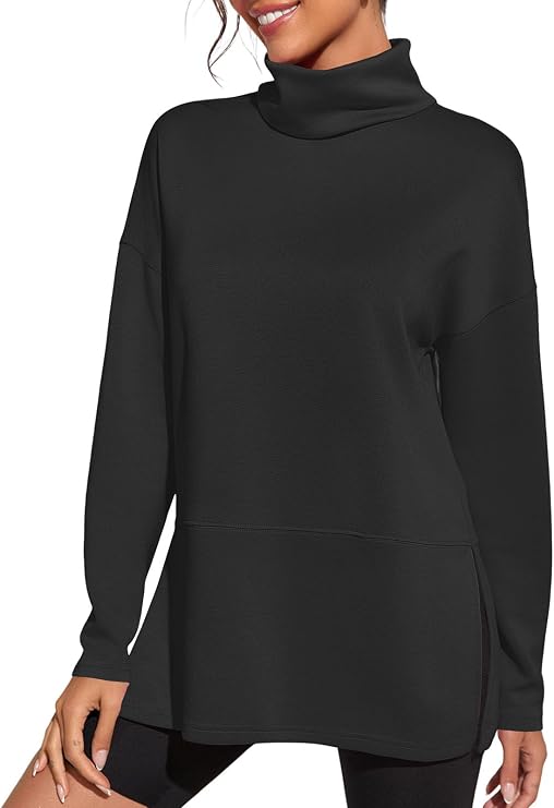 Fisoew Women's Turtleneck Oversized Sweatshirt Casual Long Sleeve Loose Side Slit Pullovers Tunic Tops