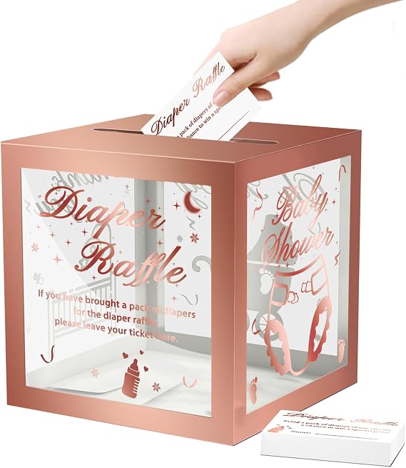 WNINK 50 Pcs Diaper Raffle Tickets with Box for Baby Shower, Gender Reveal Diaper Raffle Card Box for Baby Shower Games, Party Decorations (Rose Gold)