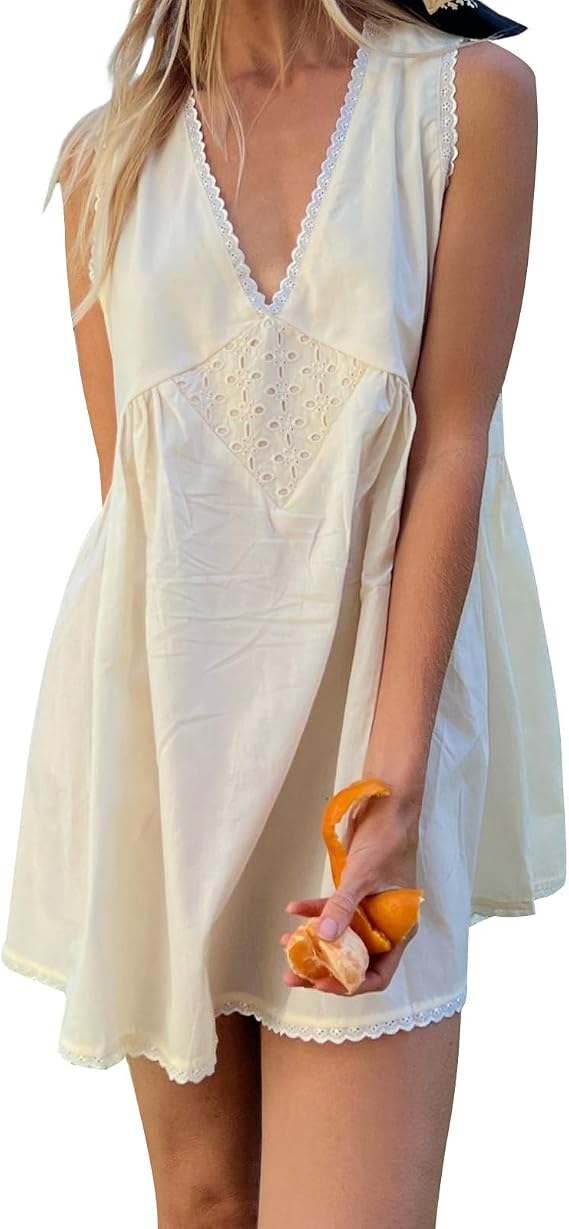 Women Summer Deep V Neck Mini Tank Dress Sleeveless Floral Eyelet Flowy Beach Vacation Party Going Out Short Sundress