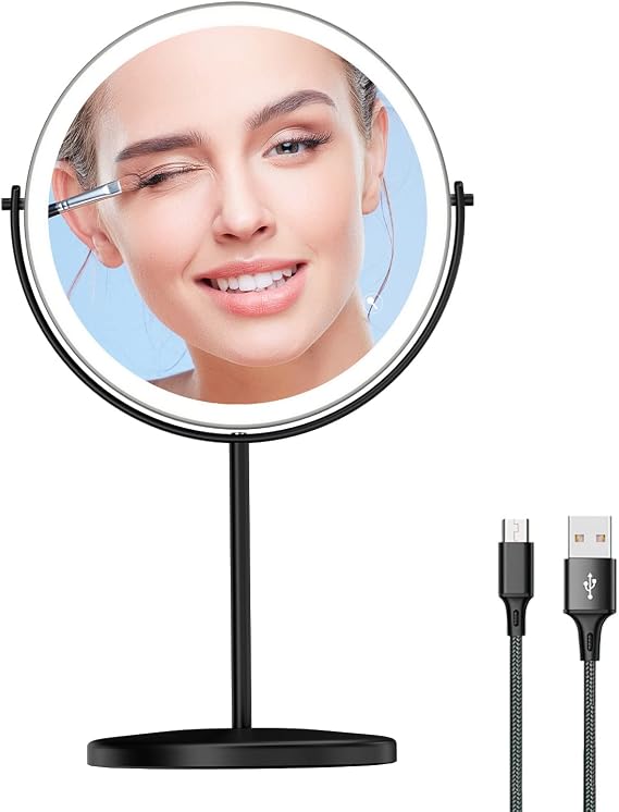 8 Lighted Makeup Mirror, 1X 10X Magnifying Mirror with Light, Double Sided Vanity Mirror with Lights, 3 Color LED Dimmable 2000mAh Rechargeable Black