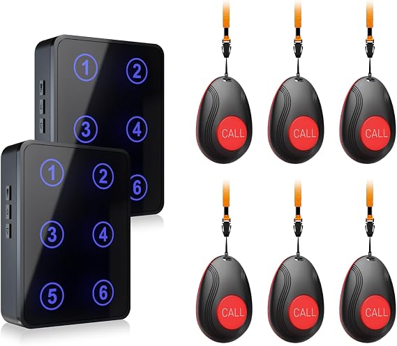 CallToU Wireless Call Button Caregiver Pager Nurse Call System for Elderly/Patients at Home/Hospital with Voice Announcements and LED Number Display (6 Waterproof Call Button & 2 Receiver)