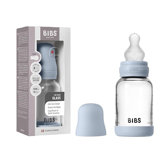 BIBS Glass Baby Bottle, 4.06 oz, 1-Pack, Silicone Nipple, Baby Blue