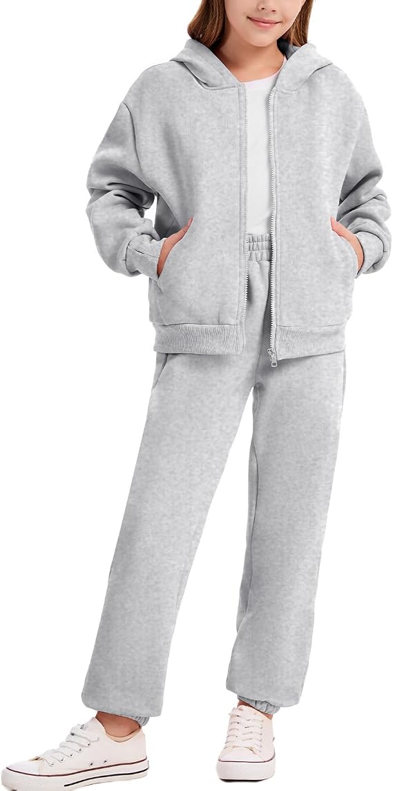Flygo Girls Boys Fleece Sweatsuit 2 Piece Zip Up Hooded Jogger Sets | 5-14Y, Warm Hood, Long Sleeve, Thumbhole cuffs, High Waist Sweatpants, 4 Pockets, Back-to-School Tracksuit, Comfy Jogger Sets
