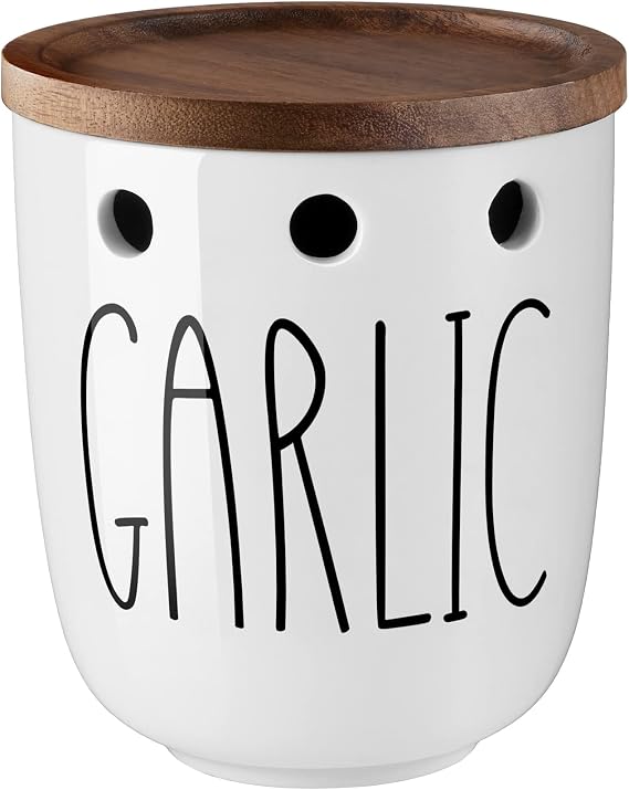DAYYET Garlic Keeper for Counter, Ceramic Garlic Keeper with Acacia Wood Lid, Garlic Holder Storage Container to Keep Your Garlic Cloves Fresh Longer, Garlic Saver for Kitchen, White