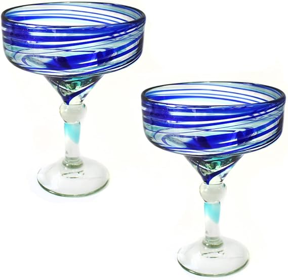 Margarita glasses -Mexican hand blown glass, set of 2 - Blue and Aqua swirl