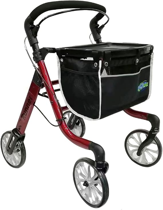 HEALTHLINE Rollator Walker for Seniors - Lightweight 4 Wheel Eldery Walker Heavy Duty - Rollator Walkers for Seniors with Basket & Tray - Narrow Doors Indoor Rollator Red Color