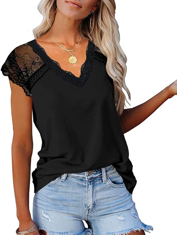 KINLONSAIR Women's Crochet Lace Basic V-Neck T-Shirts Short Sleeve Loose Fitting Tunic Tank Tops