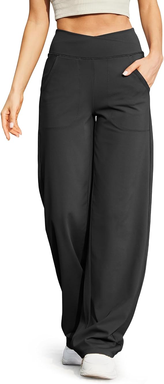 G4Free EverGoing Wide Leg Yoga Pants for Women Crossover Waist with Pockets