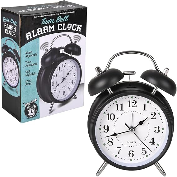 Twin Bell Alarm Clock, 4 Inch Retro Design, Black with White Dial, Loud Alarm, Nightlight