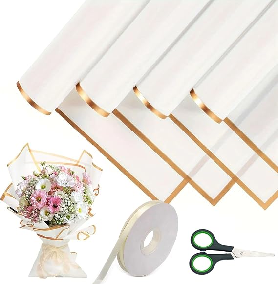 Flower Wrapping Paper, 20 Sheet Bouquet Wrapping Paper, 58cm Double Sided Bouquet Wrap Kit for Gifts Flowers and Crafts with Ribbon and Scissors for Gift Wrap DIY Arts Crafts(White)