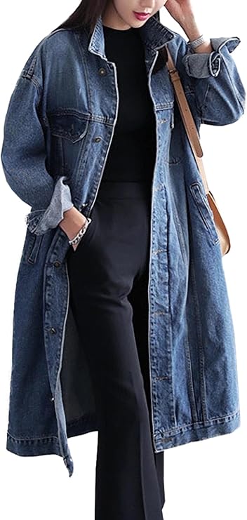 Womens Classic Jean Jacket Plus Size Button Down Denim Trench Coat