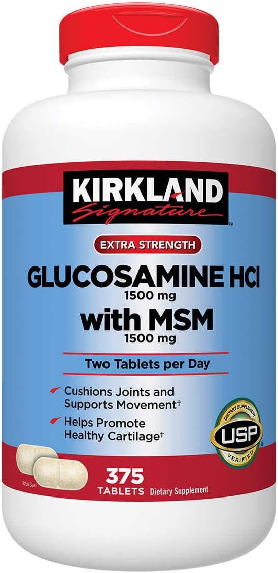 Kirkland Signature Extra Strength Glucosamine HCI 1500mg, With MSM 1500 mg, Super Size Value Package 375-Tablets Pack of 2