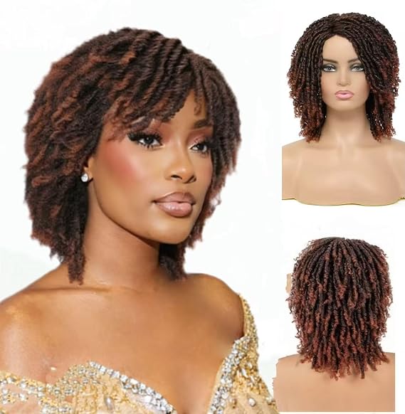 Short Dreadlock Wig for Women and Men, Synthetic Afro Twist Braided Wigs Faux Locs Hair Full Machine Made Glueless Curly Wigs Ombre Orange Color T350